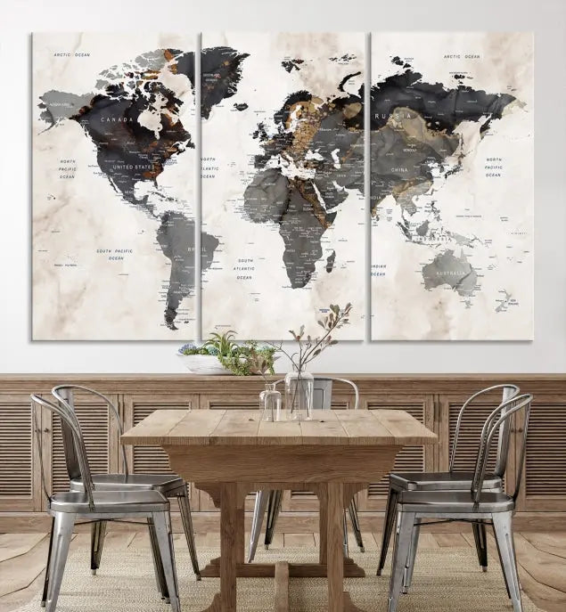 The Push Pin Custom World Map Watercolor Wall Art Canvas Print, stretched on museum-quality canvas and treated with a UV-protective coating, adorns the space.