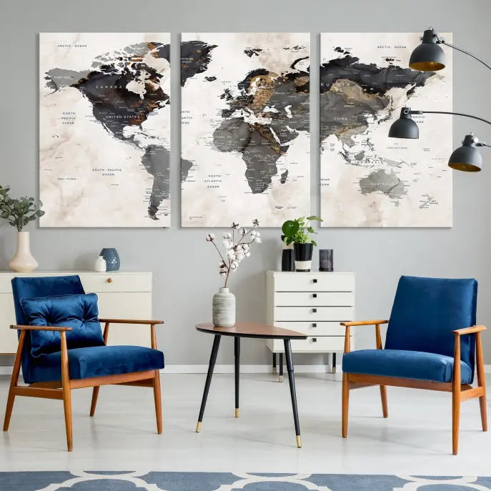 The Push Pin Custom World Map Watercolor Wall Art Canvas Print, stretched on museum-quality canvas and treated with a UV-protective coating, adorns the space.