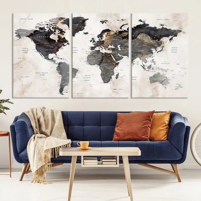 The Push Pin Custom World Map Watercolor Wall Art Canvas Print, stretched on museum-quality canvas and treated with a UV-protective coating, adorns the space.