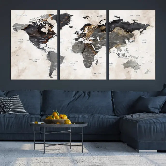 The Push Pin Custom World Map Watercolor Wall Art Canvas Print, stretched on museum-quality canvas and treated with a UV-protective coating, adorns the space.