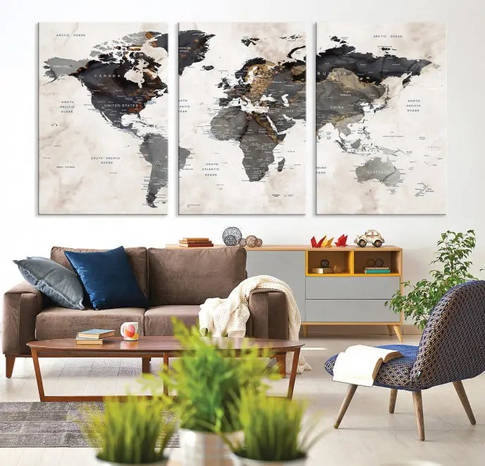 The Push Pin Custom World Map Watercolor Wall Art Canvas Print, stretched on museum-quality canvas and treated with a UV-protective coating, adorns the space.