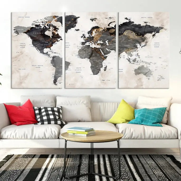 The Push Pin Custom World Map Watercolor Wall Art Canvas Print, stretched on museum-quality canvas and treated with a UV-protective coating, adorns the space.