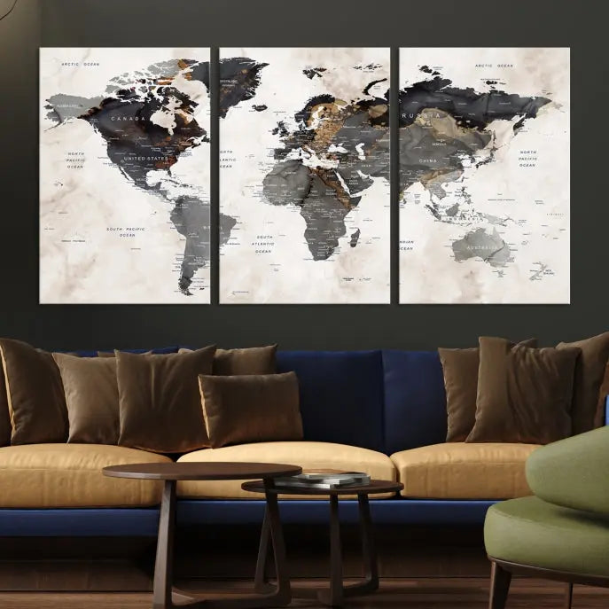 The Push Pin Custom World Map Watercolor Wall Art Canvas Print, stretched on museum-quality canvas and treated with a UV-protective coating, adorns the space.