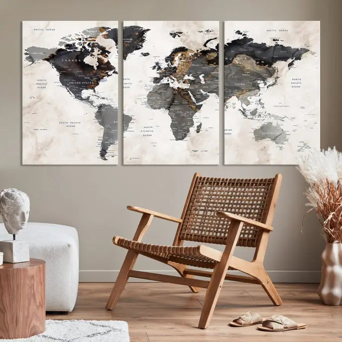 The Push Pin Custom World Map Watercolor Wall Art Canvas Print, stretched on museum-quality canvas and treated with a UV-protective coating, adorns the space.