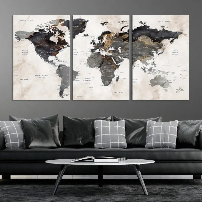 The Push Pin Custom World Map Watercolor Wall Art Canvas Print, stretched on museum-quality canvas and treated with a UV-protective coating, adorns the space.