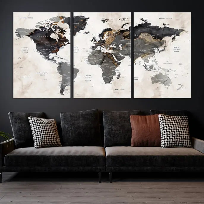 The Push Pin Custom World Map Watercolor Wall Art Canvas Print, stretched on museum-quality canvas and treated with a UV-protective coating, adorns the space.