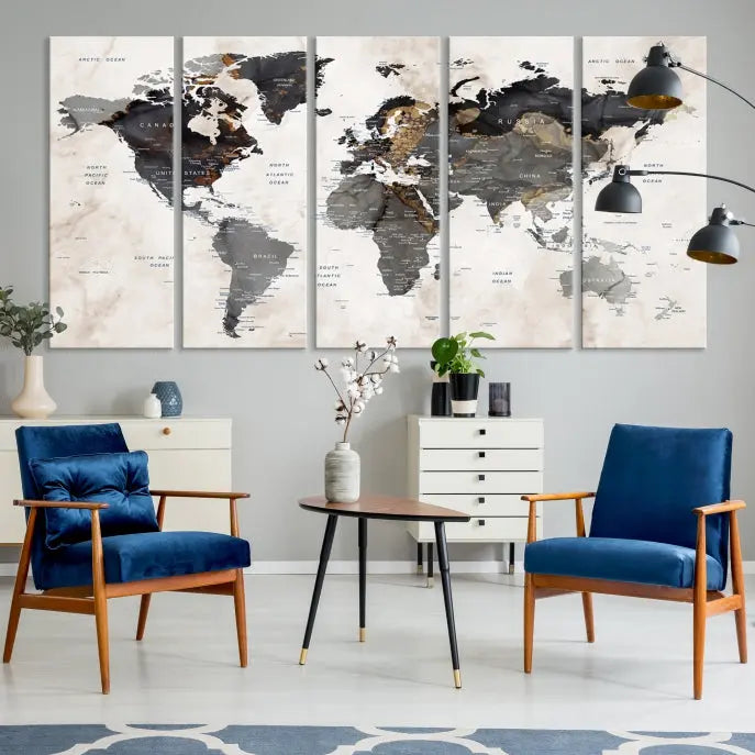 The Push Pin Custom World Map Watercolor Wall Art Canvas Print, stretched on museum-quality canvas and treated with a UV-protective coating, adorns the space.