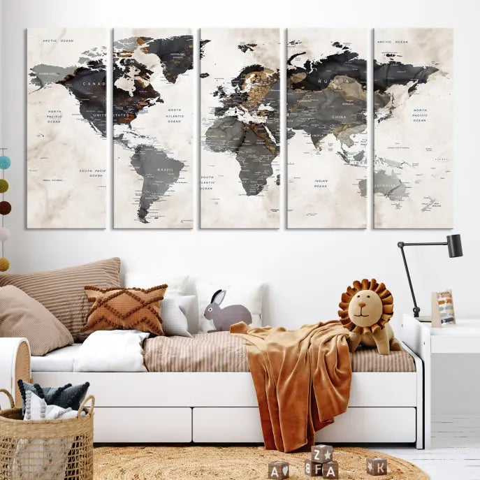 The Push Pin Custom World Map Watercolor Wall Art Canvas Print, stretched on museum-quality canvas and treated with a UV-protective coating, adorns the space.