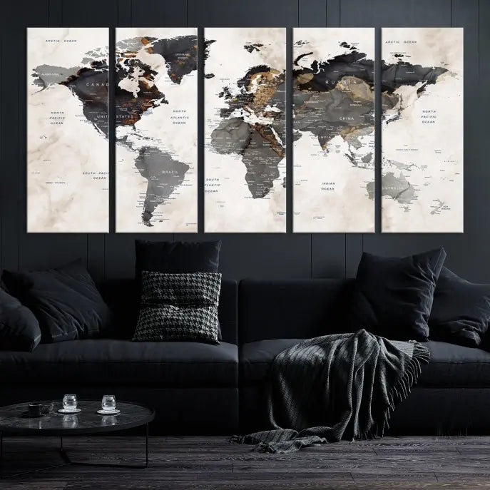 The Push Pin Custom World Map Watercolor Wall Art Canvas Print, stretched on museum-quality canvas and treated with a UV-protective coating, adorns the space.