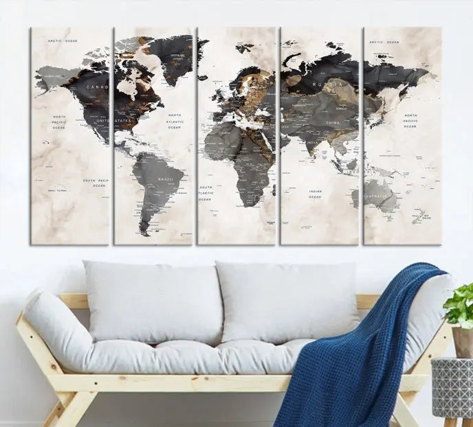 The Push Pin Custom World Map Watercolor Wall Art Canvas Print, stretched on museum-quality canvas and treated with a UV-protective coating, adorns the space.