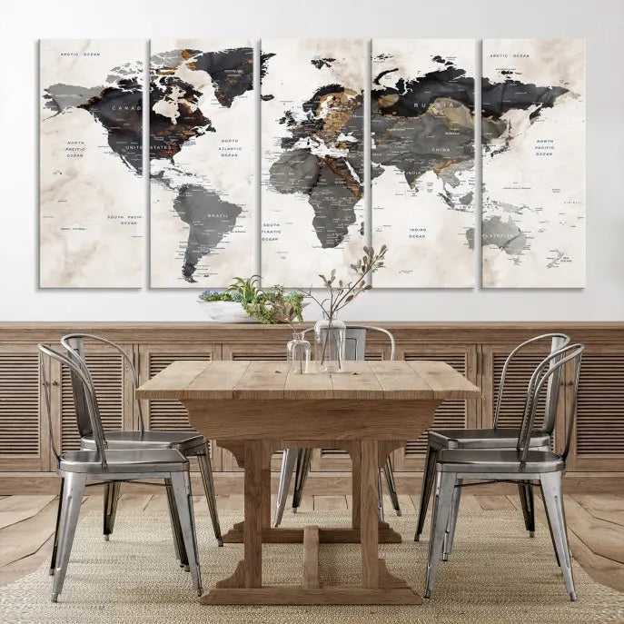 The Push Pin Custom World Map Watercolor Wall Art Canvas Print, stretched on museum-quality canvas and treated with a UV-protective coating, adorns the space.