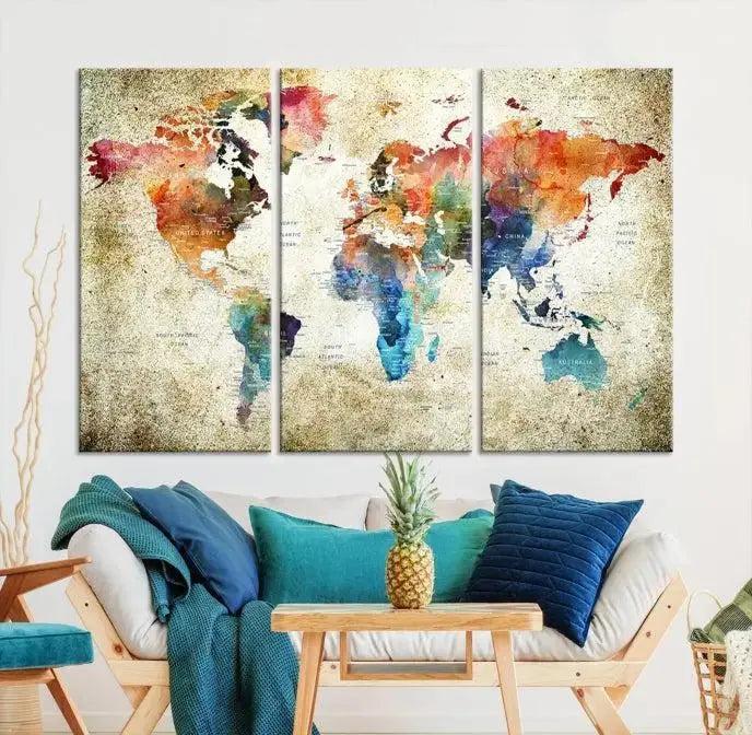 Push Pin Watercolor World Map Wall Art, Colorful Push Pin Travel Map