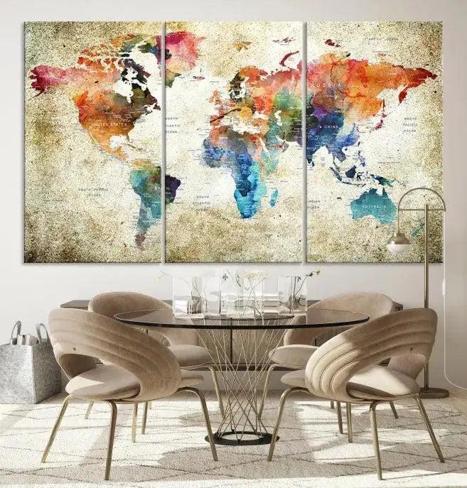 Edit-Images-Push Pin Watercolor World Map Wall Art, Colorful Push Pin Travel Map
