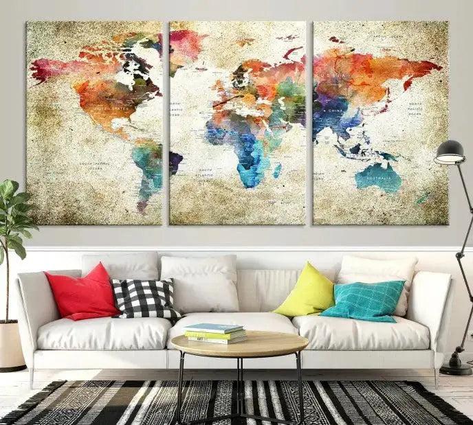 Edit-Images-Push Pin Watercolor World Map Wall Art, Colorful Push Pin Travel Map