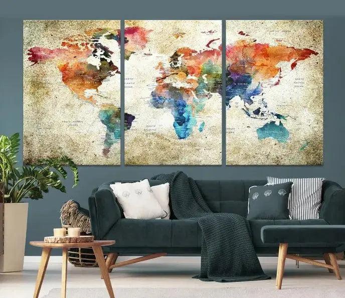 Edit-Images-Push Pin Watercolor World Map Wall Art, Colorful Push Pin Travel Map