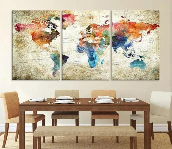 Edit-Images-Push Pin Watercolor World Map Wall Art, Colorful Push Pin Travel Map