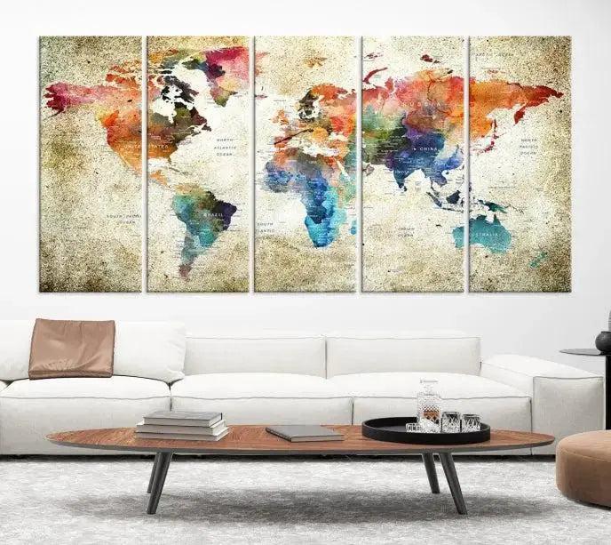 Edit-Images-Push Pin Watercolor World Map Wall Art, Colorful Push Pin Travel Map