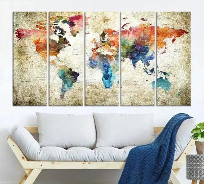 Edit-Images-Push Pin Watercolor World Map Wall Art, Colorful Push Pin Travel Map