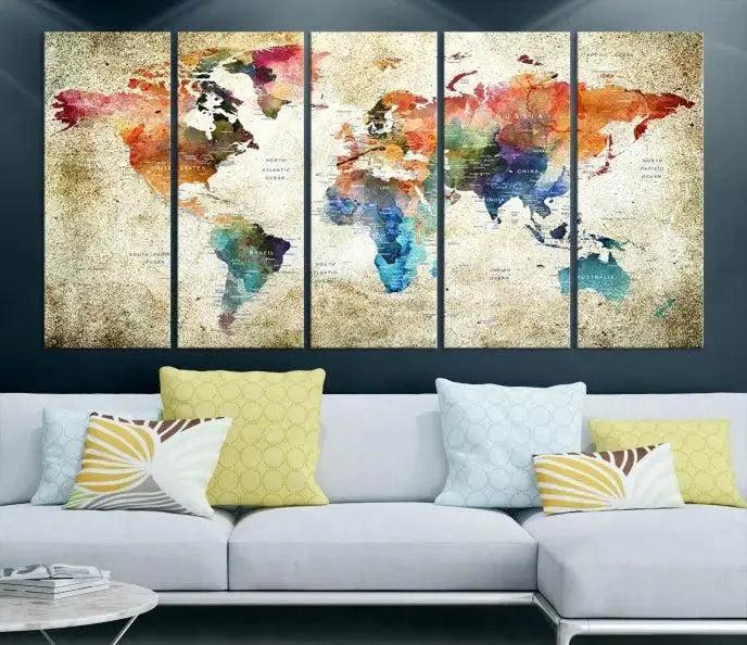 Edit-Images-Push Pin Watercolor World Map Wall Art, Colorful Push Pin Travel Map