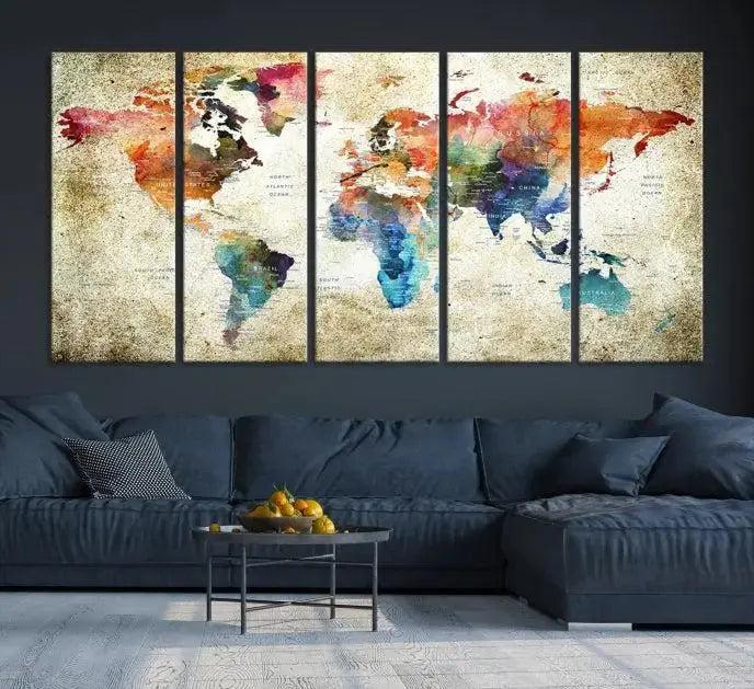 Edit-Images-Push Pin Watercolor World Map Wall Art, Colorful Push Pin Travel Map