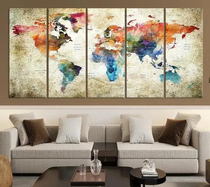 Edit-Images-Push Pin Watercolor World Map Wall Art, Colorful Push Pin Travel Map