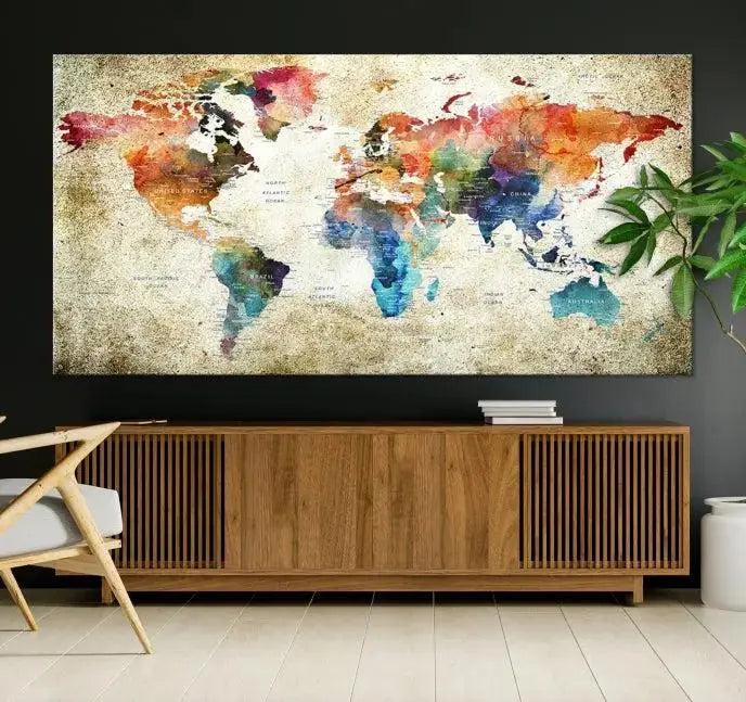 Edit-Images-Push Pin Watercolor World Map Wall Art, Colorful Push Pin Travel Map