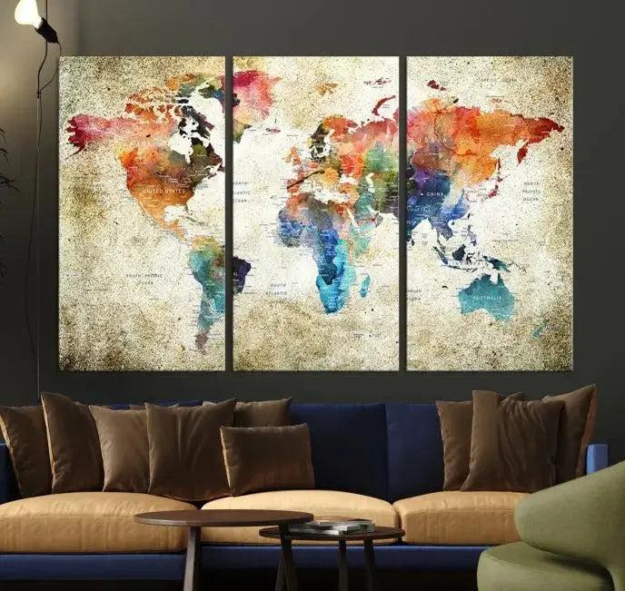 Edit-Images-Push Pin Watercolor World Map Wall Art, Colorful Push Pin Travel Map