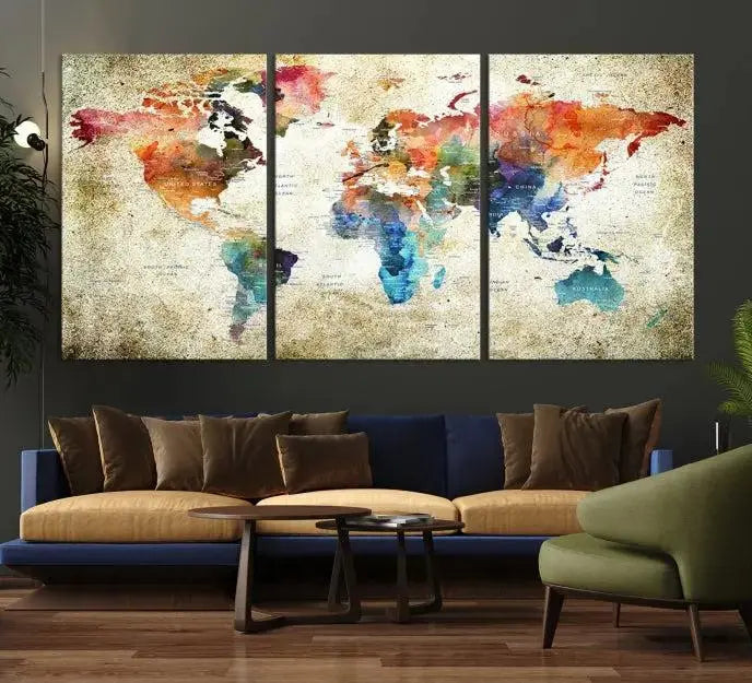 Push Pin Watercolor World Map Wall Art, Colorful Push Pin Travel Map