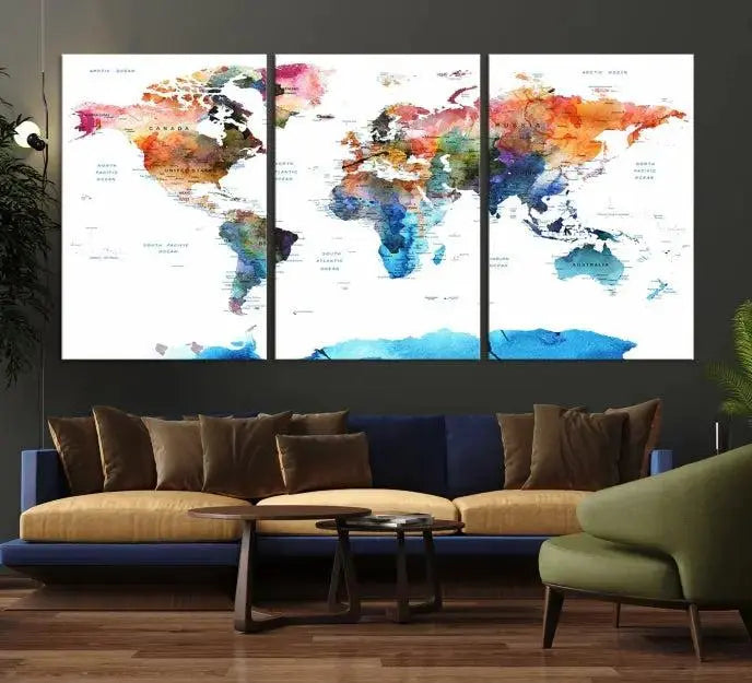Push Pin Watercolor World Map Wall Art, Push Pin Travel Map