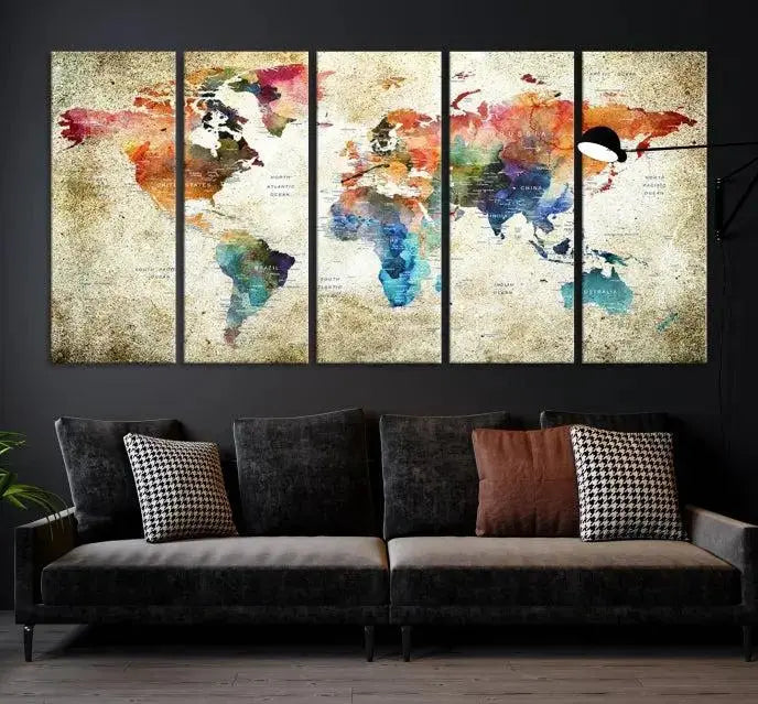 Push Pin Watercolor World Map Wall Art, Colorful Push Pin Travel Map