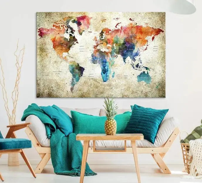 Push Pin Watercolor World Map Wall Art, Colorful Push Pin Travel Map 