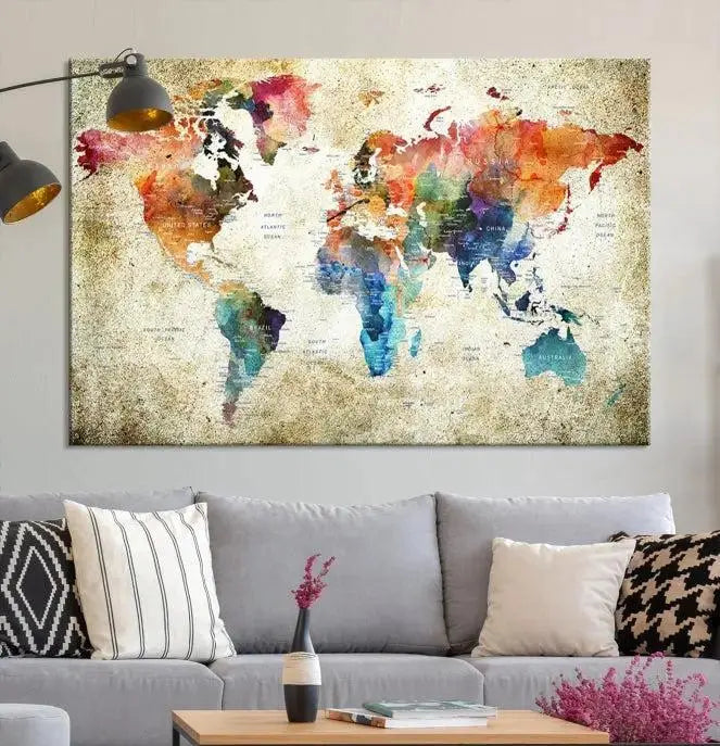 Push Pin Watercolor World Map Wall Art, Colorful Push Pin Travel Map 