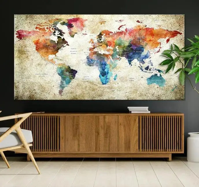 Push Pin Watercolor World Map Wall Art, Colorful Push Pin Travel Map 