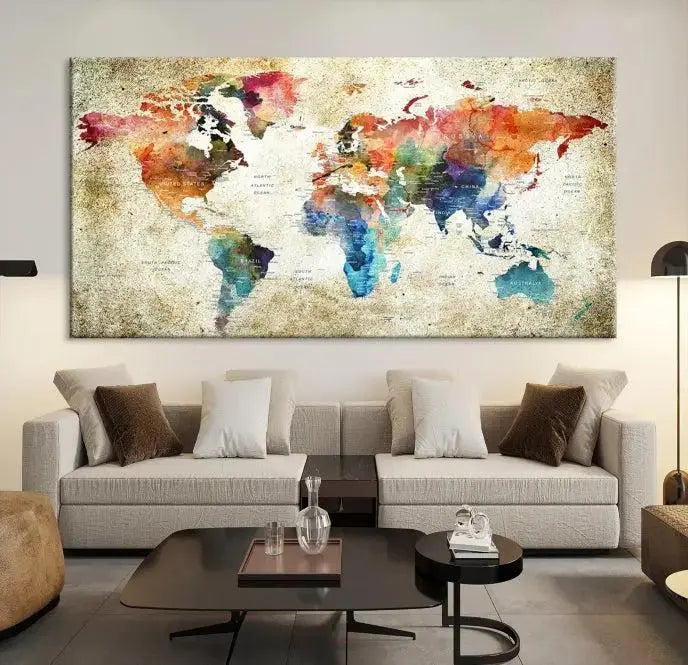 Push Pin Watercolor World Map Wall Art, Colorful Push Pin Travel Map 