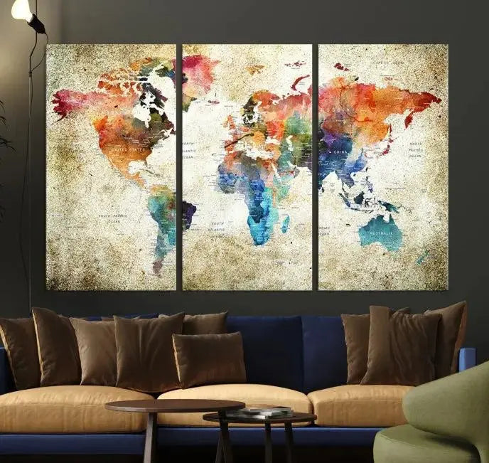 Push Pin Watercolor World Map Wall Art, Colorful Push Pin Travel Map 