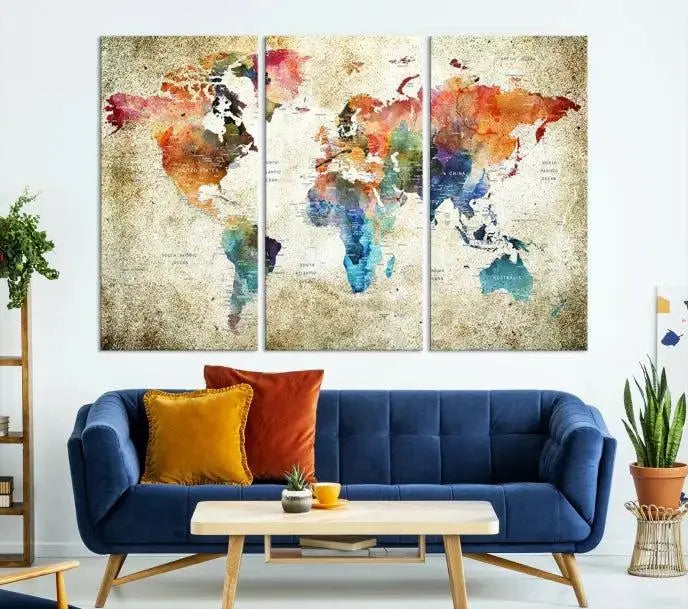 Push Pin Watercolor World Map Wall Art, Colorful Push Pin Travel Map 