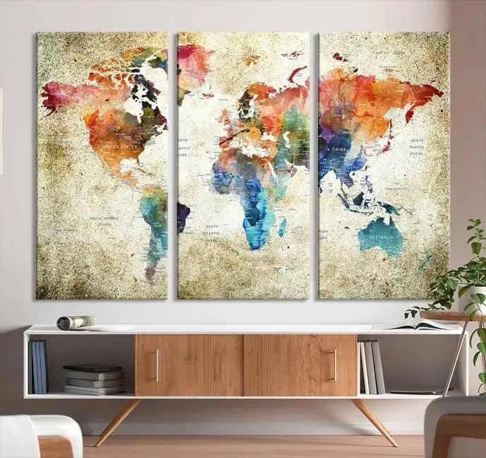Push Pin Watercolor World Map Wall Art, Colorful Push Pin Travel Map 