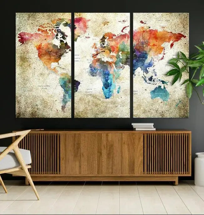 Push Pin Watercolor World Map Wall Art, Colorful Push Pin Travel Map 