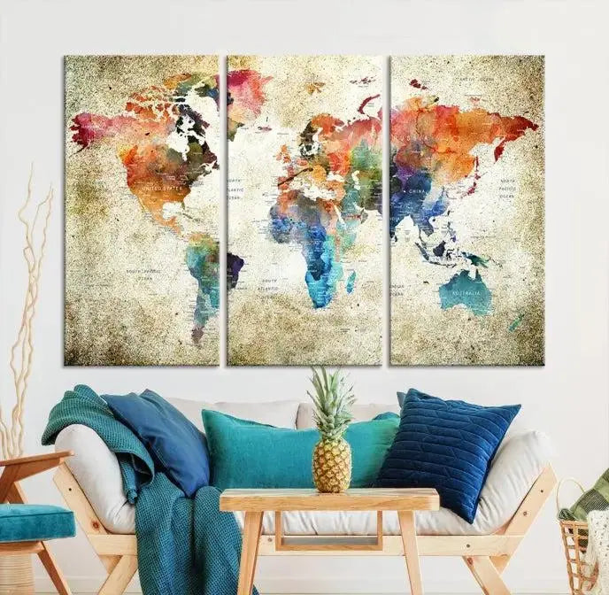 Push Pin Watercolor World Map Wall Art, Colorful Push Pin Travel Map 