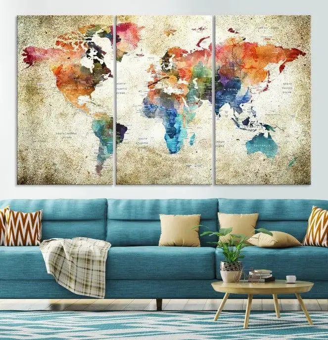 Push Pin Watercolor World Map Wall Art, Colorful Push Pin Travel Map 