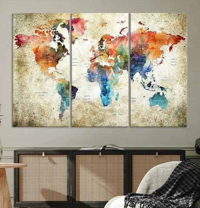 Push Pin Watercolor World Map Wall Art, Colorful Push Pin Travel Map