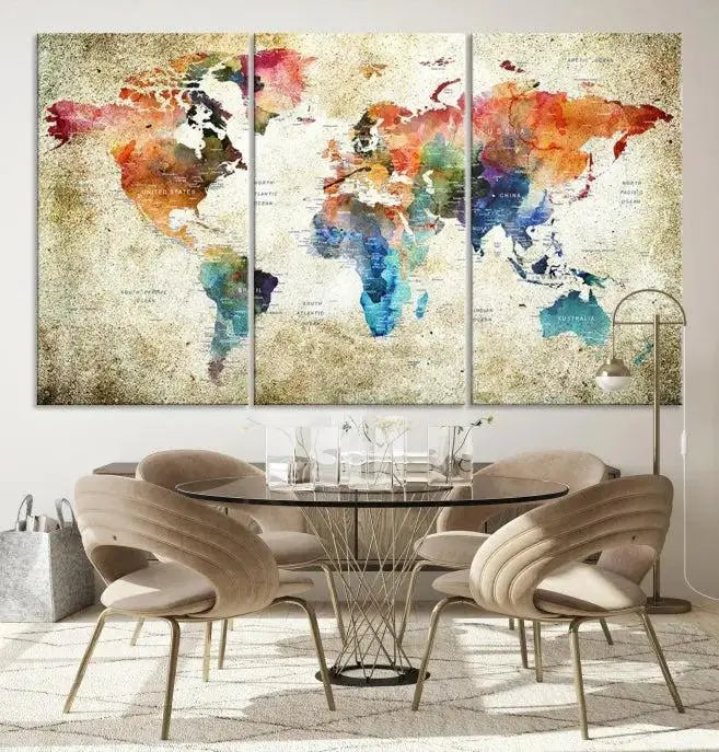 Push Pin Watercolor World Map Wall Art, Colorful Push Pin Travel Map