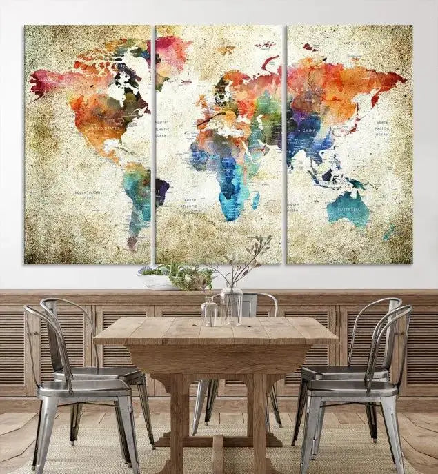 Push Pin Watercolor World Map Wall Art, Colorful Push Pin Travel Map