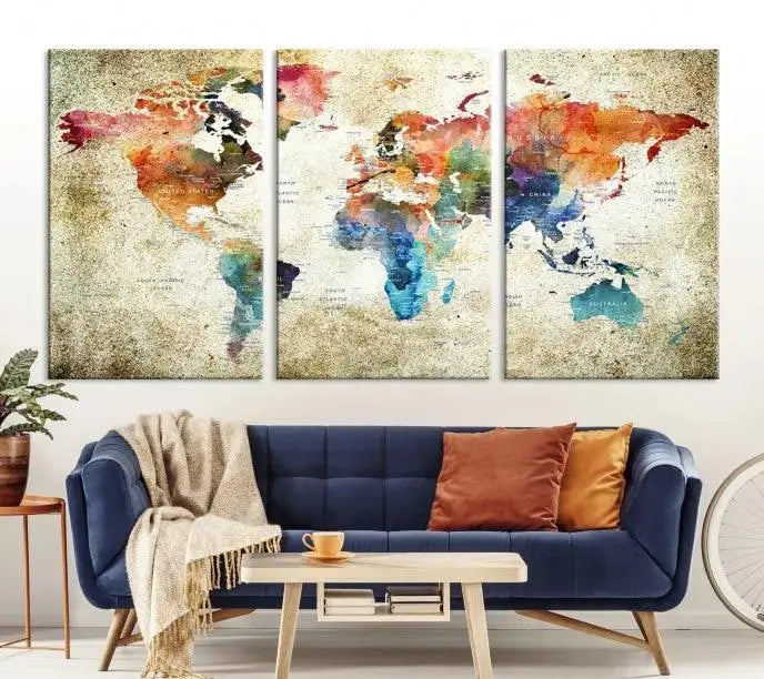 Push Pin Watercolor World Map Wall Art, Colorful Push Pin Travel Map