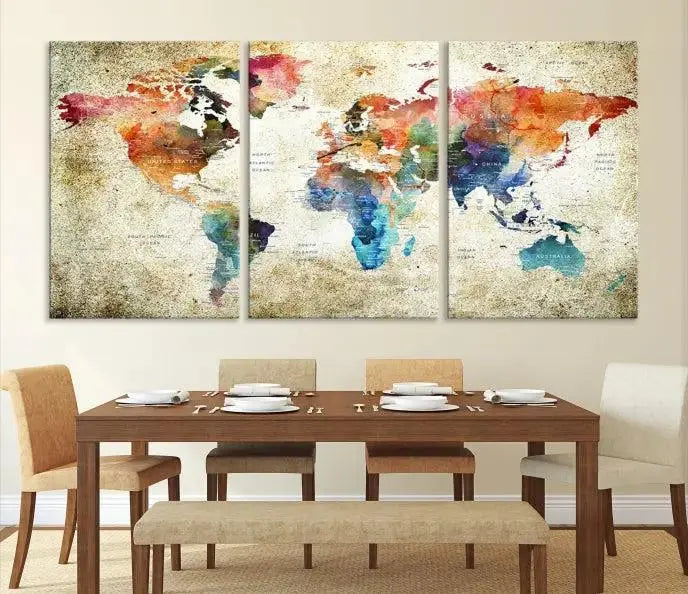 Push Pin Watercolor World Map Wall Art, Colorful Push Pin Travel Map 