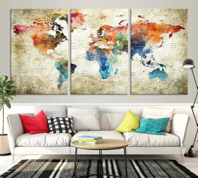 Push Pin Watercolor World Map Wall Art, Colorful Push Pin Travel Map 