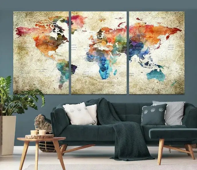 Push Pin Watercolor World Map Wall Art, Colorful Push Pin Travel Map 