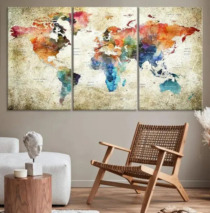 Push Pin Watercolor World Map Wall Art, Colorful Push Pin Travel Map