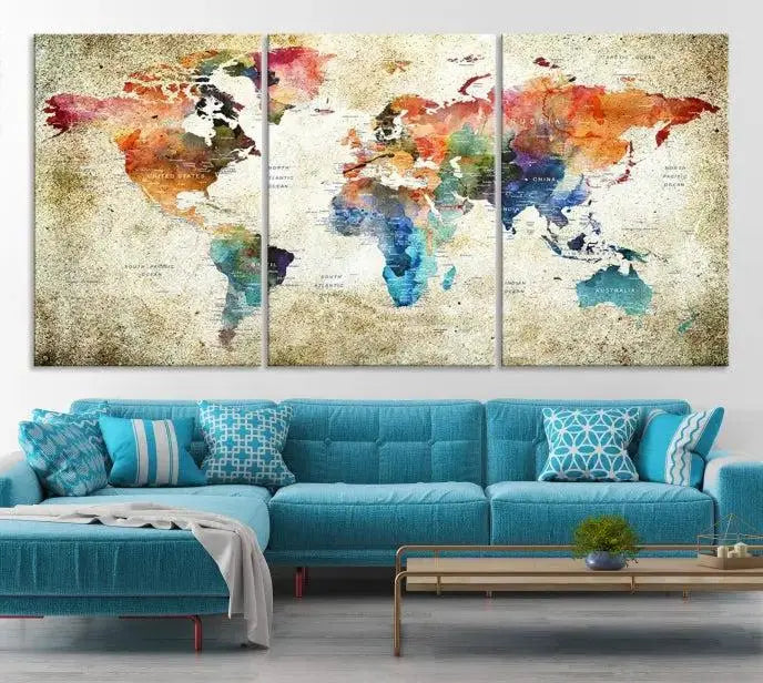Push Pin Watercolor World Map Wall Art, Colorful Push Pin Travel Map 