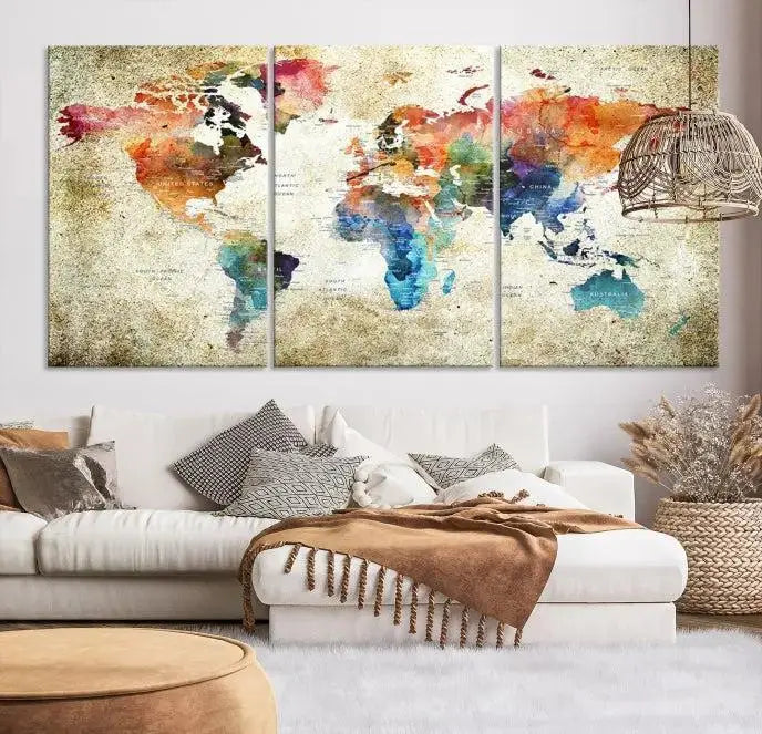 Push Pin Watercolor World Map Wall Art, Colorful Push Pin Travel Map